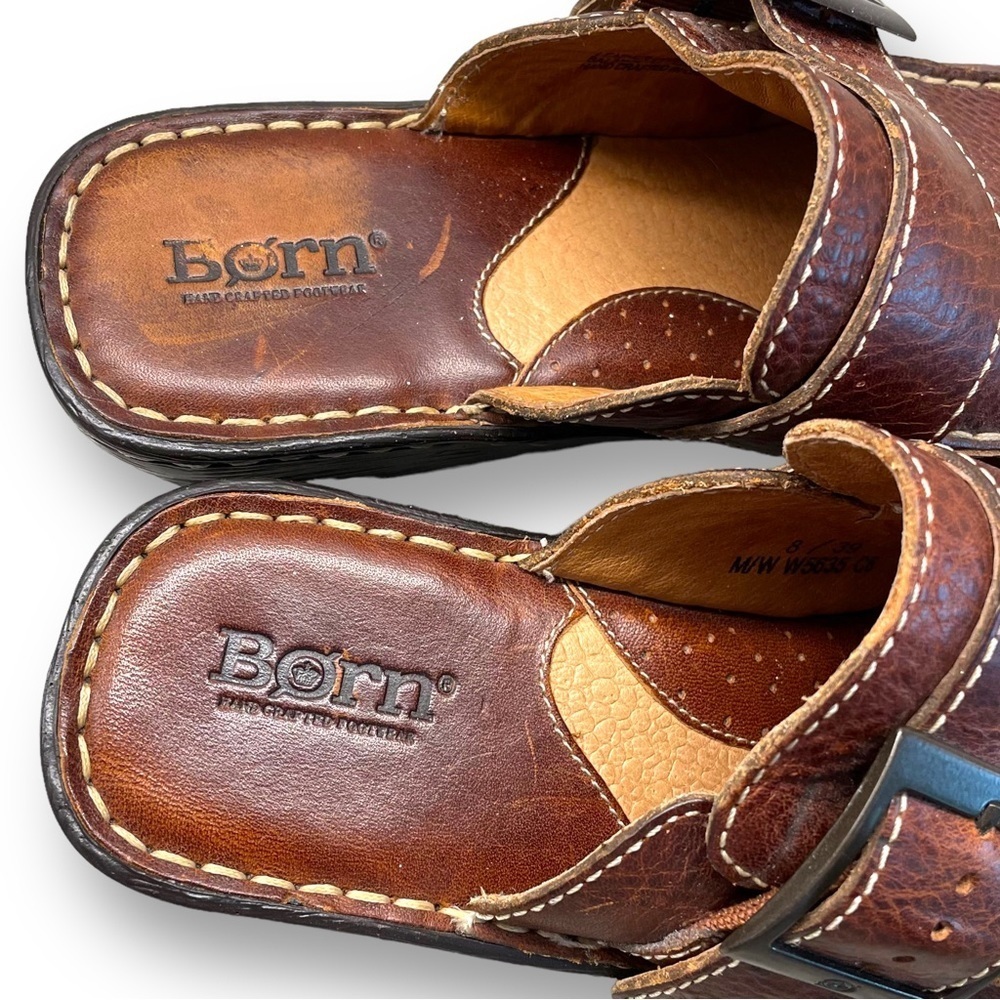 BORN Brown Leather Mule Clog Buckle Slip On Women's Size 8 - Picture 2 of 7